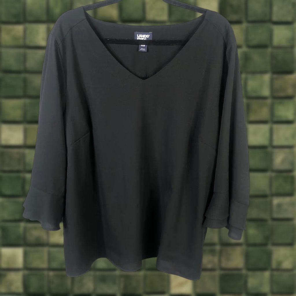 Lands' End Lands' End Blouse Womens 24W Black V-Neck 3/4 Bell Sleeve Tunic Top Plus Size 4XL / US 24-26 - 1 Thumbnail