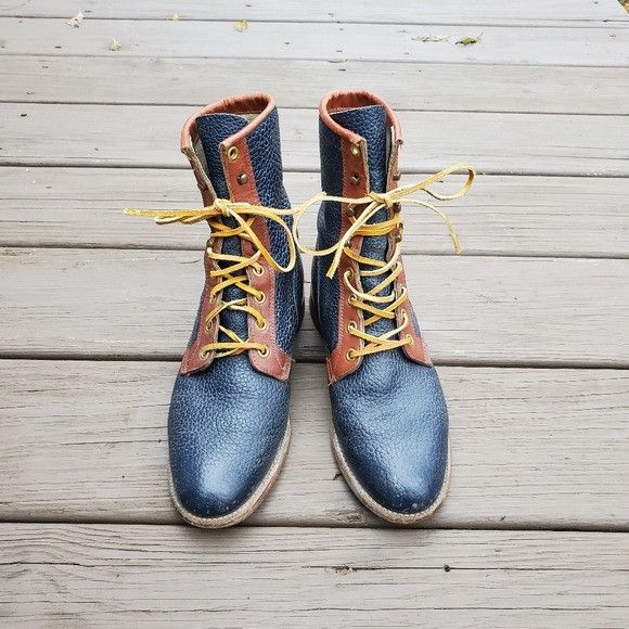Justin Boots × Vintage Vintage 70s Western Navy Blue Bullhide British Tan Boots Size US 6 / IT 36 - 4 Thumbnail