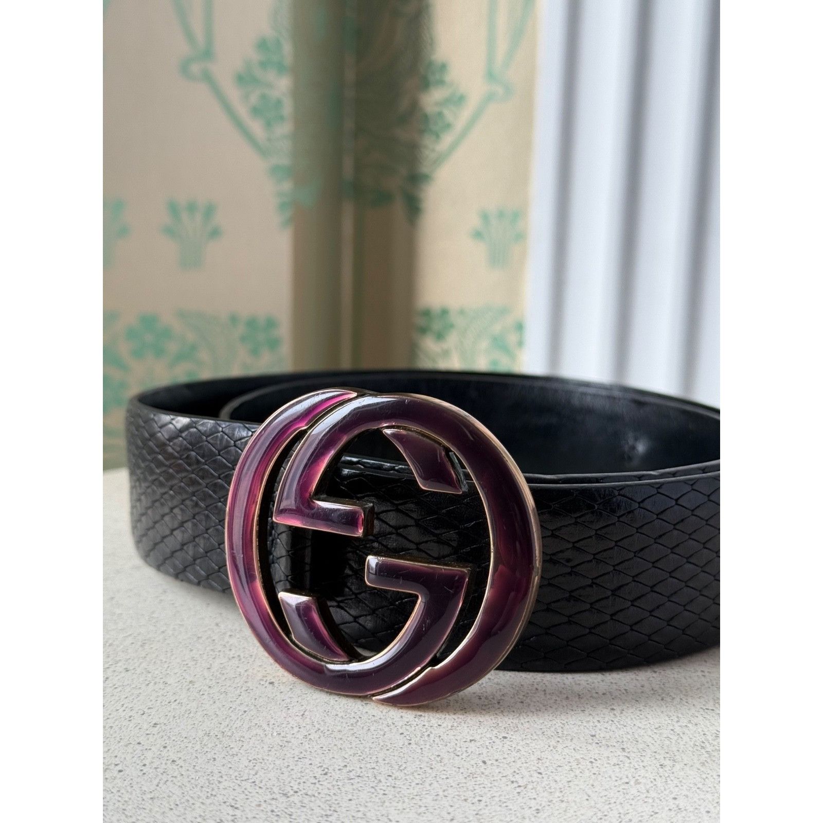 Gucci Gucci Tom Ford Era Python Embossed Black Leather Belt 80/32 Size ONE SIZE - 3 Thumbnail