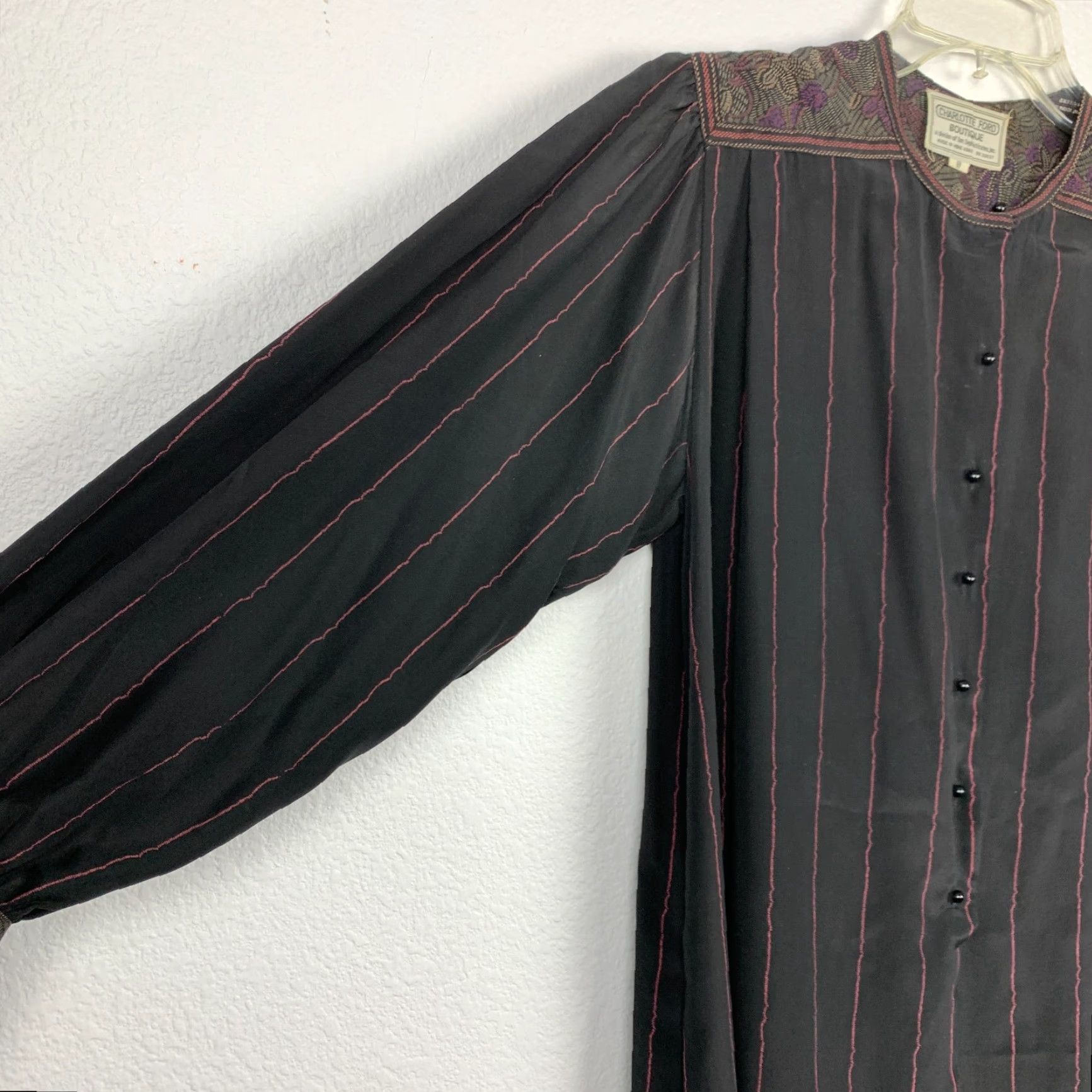 Ford VINTAGE Charlotte Ford Shirt Dress 70s Silk Striped Drapey Shift Size 8 Black Womens Size M / US 6-8 / IT 42-44 - 3 Thumbnail