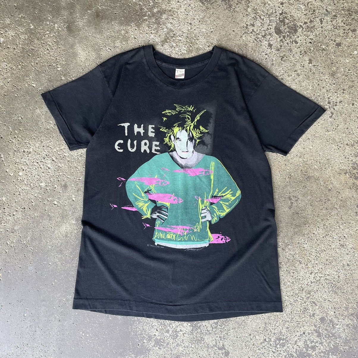 image of Band Tees x The Cure Vintage 1986 The Cure Standing On A Beach Robert Smith Tee in Black (Size Larg