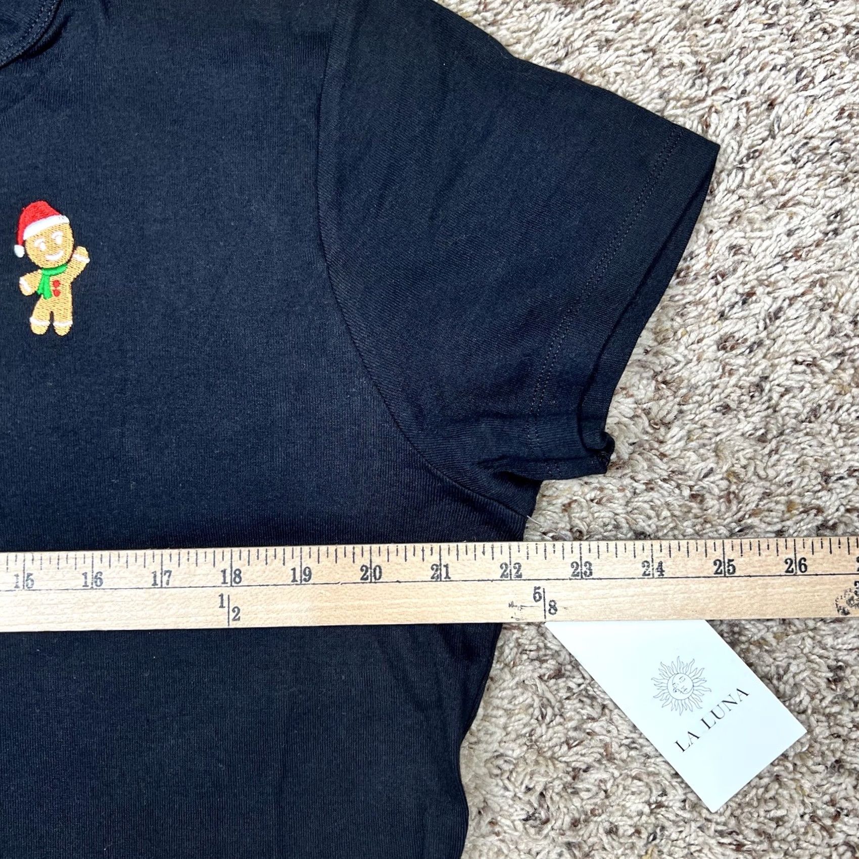 Vintage La Luna Christmas Crop Top Cropped T-Shirt Womens XL Black Embroidered Ginger Bread Cotton Short Sleeve Henley style Modern Casual Size XL / US 12-14 / IT 48-50 - 7 Thumbnail
