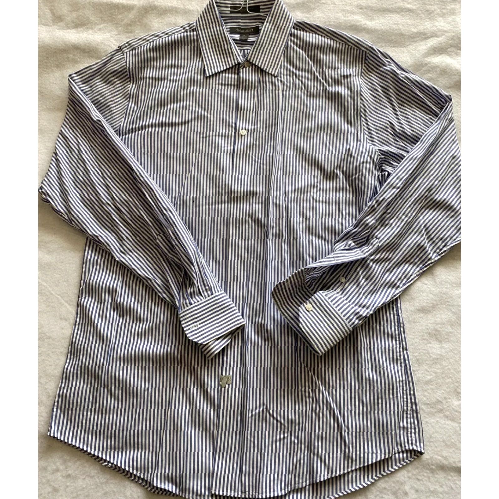 Vintage Dress Shirt Button Shirt Men's Size 16 Blue Stripes Long Sleeve Poly Blend Classic Fit Dress Shirt Mens Size 42R - 2 Thumbnail