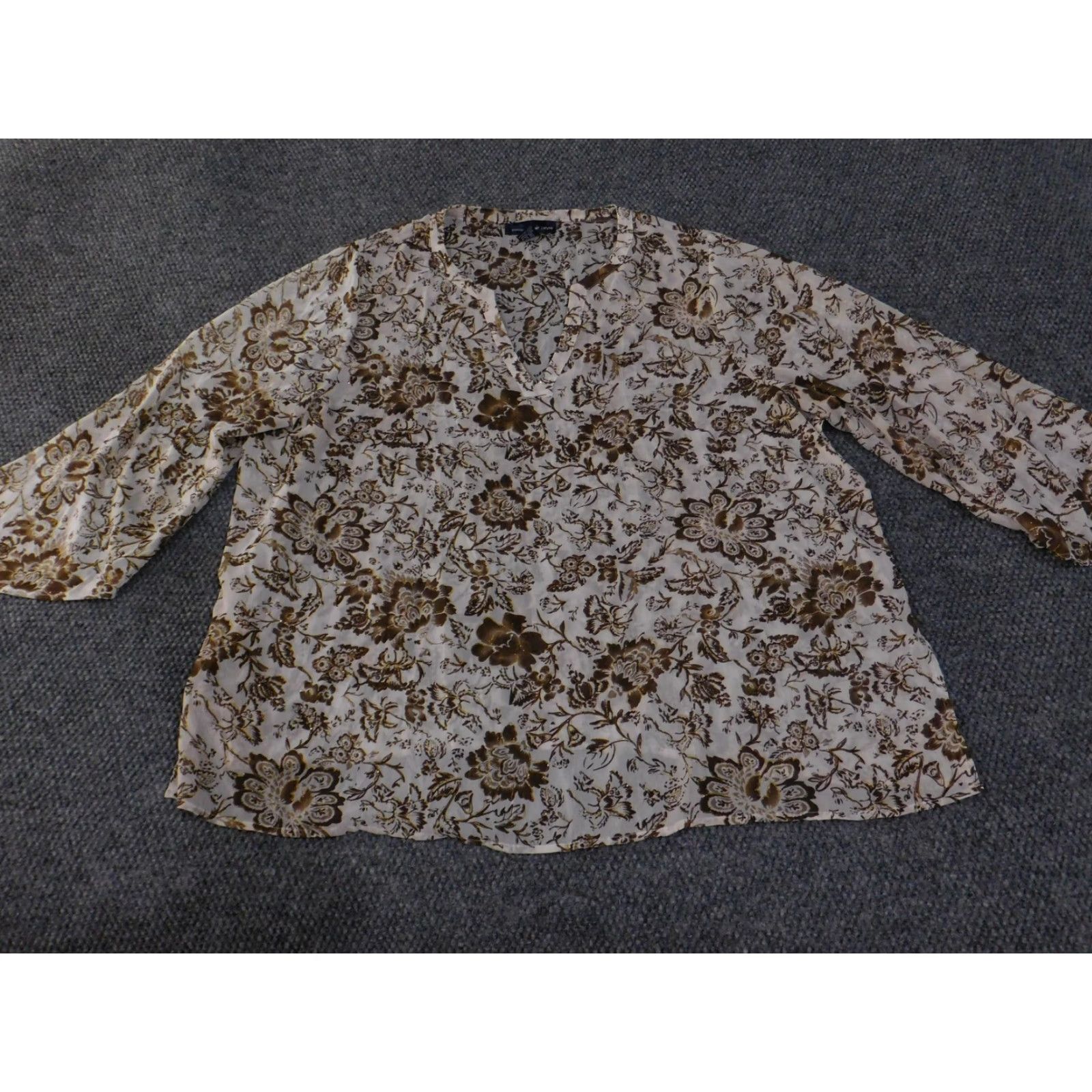 Vintage Susan Graver Shirt Womens 3X Brown Floral Tunic 3/4 Sleeve Lightweight Sheer Size XXL / US 16-18 / IT 52-54 - 2 Thumbnail