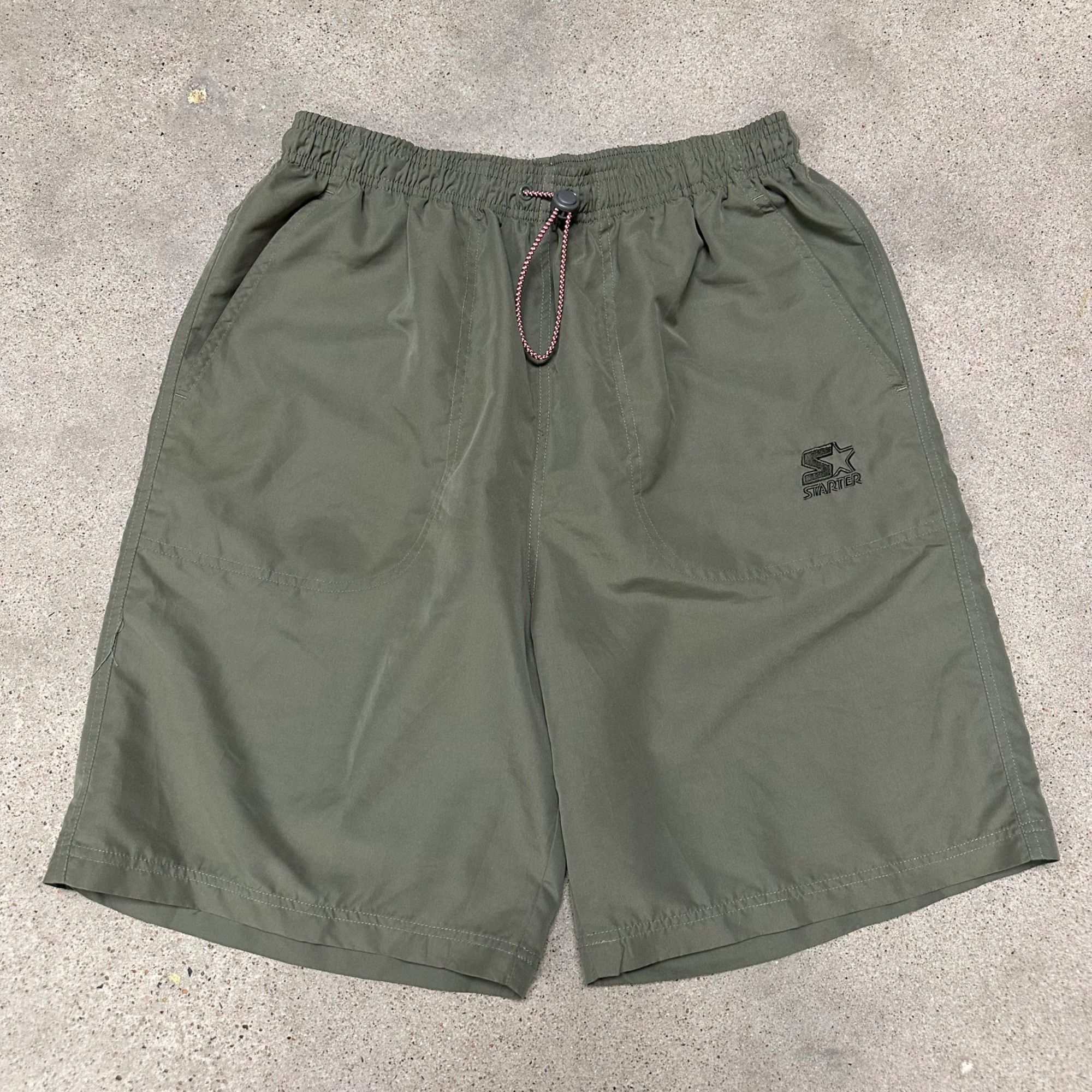 Starter × Vintage Vintage 90s Starter Olive Green Nylon Drawstring Shorts Size US 32 / EU 48 - 1 Thumbnail