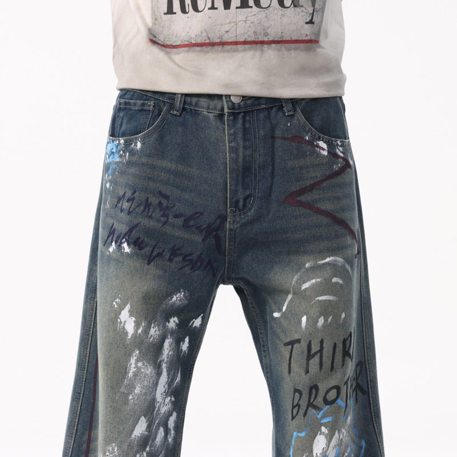Vintage Blue Relaxed Fit Painted Effect Denim Jeans Size US 32 / EU 48 - 4 Thumbnail