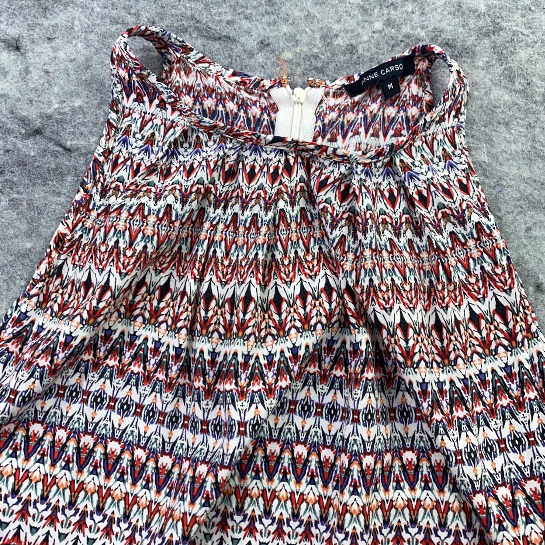 Annex Anne Carson Womens Blouse Shirt M Red Rayon Zip Back Geometric Pattern Casual Regular Fit VINTAGE? (if not vintage skip) Size M / US 6-8 / IT 42-44 - 2 Thumbnail