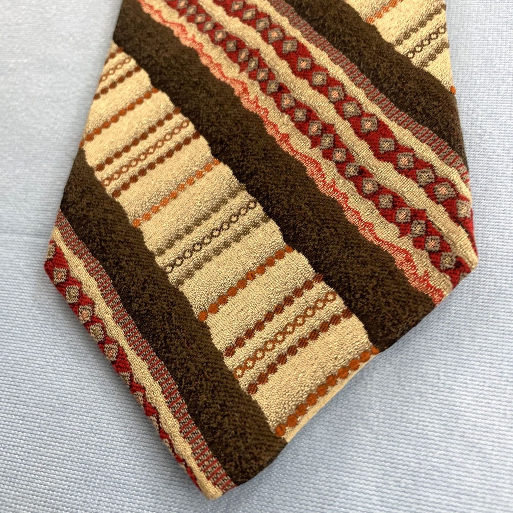 Vintage Pavone Vtg 90s Handmade Silk Tie Brown Repp Stripe Quilted Patchwork Necktie 4x58 Men's Vintage 1990s Wide Necktie Philippines Italy Import Size ONE SIZE - 2 Thumbnail