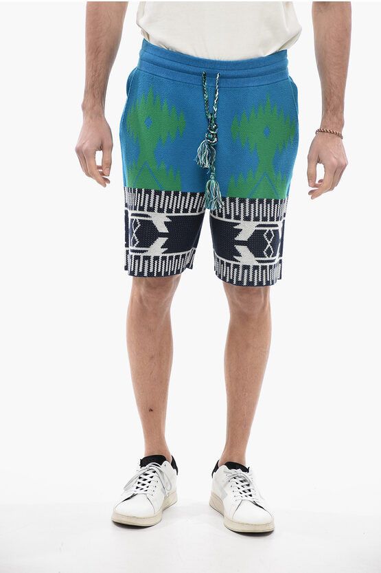image of Alanui Piquet Cotton Icon Shorts With Geometric Motif in Light Blue, Men's (Size 30)