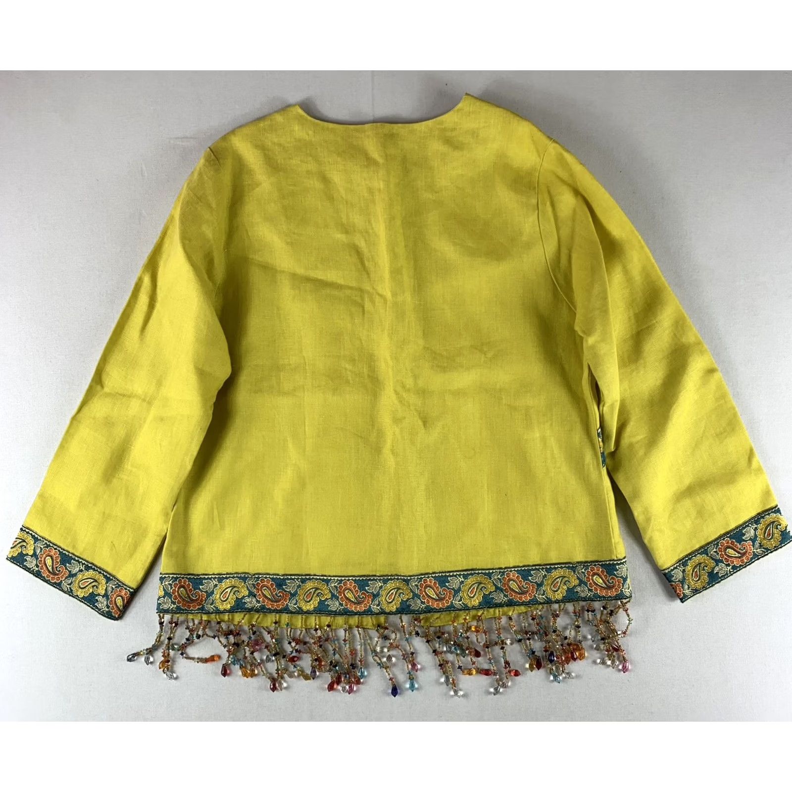 Vintage Lew Magram Blouse Womens Medium Yellow Linen Paisley Beaded Embroidered Tapestry Classic All Seasons V-Neck Long Sleeve Cap Sleeve Buckle Size M / US 6-8 / IT 42-44 - 2 Thumbnail