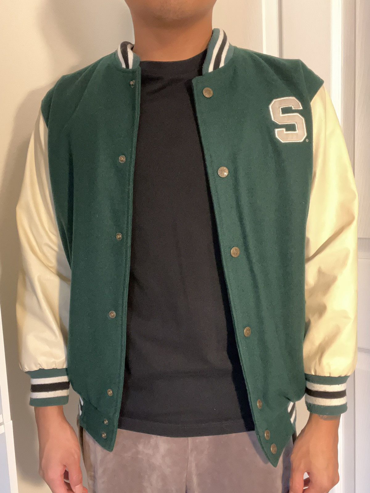 image of Steve And Barrys Vintage Michigan State Bomber Jacket in Green, Men's (Size Small)