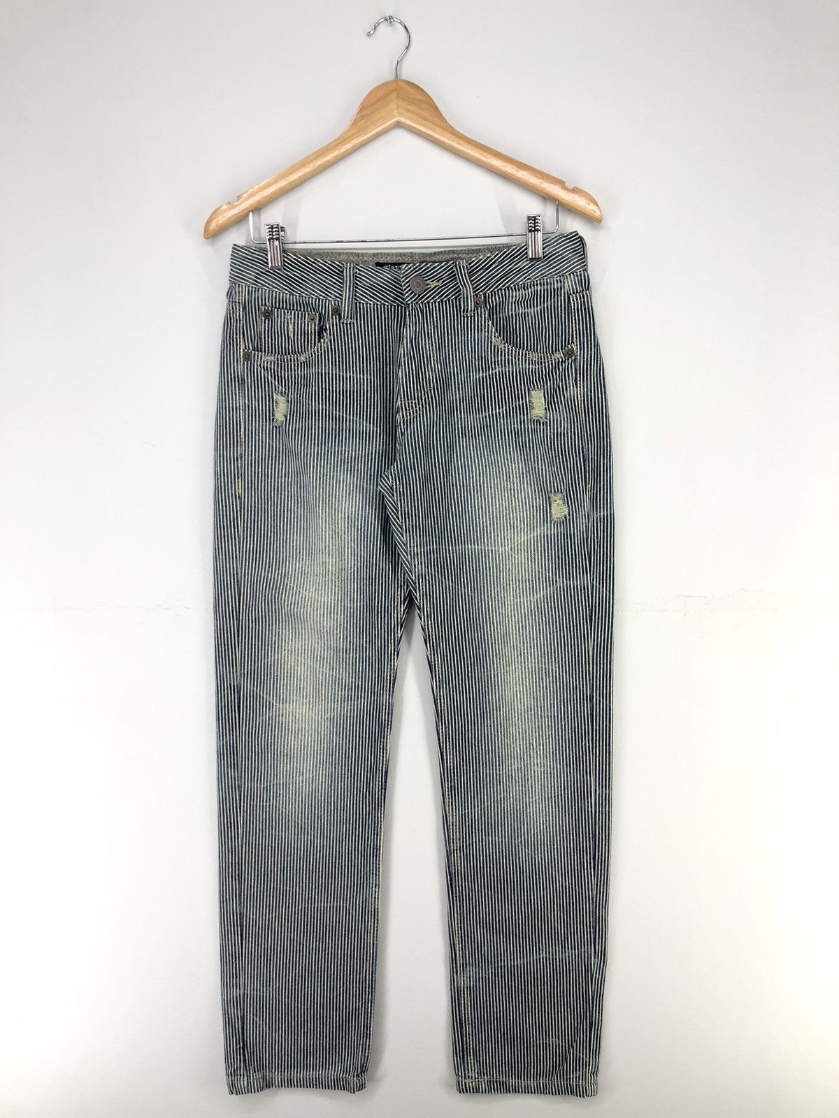Japanese Brand Vintage Japanese Wave List Distressed Hickory Stripe Jeans Size US 29 - 1 Thumbnail