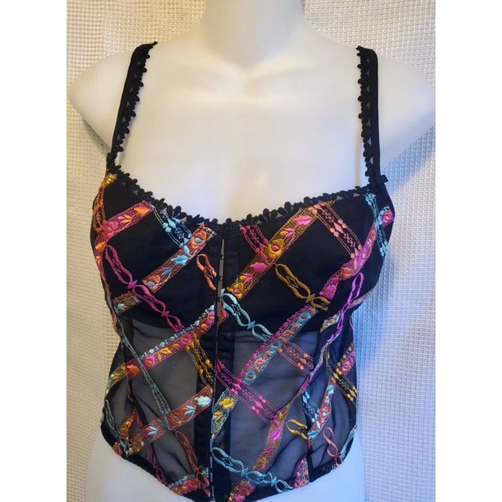 Vintage Mob Wife Embroidered Corset Camisol Womens Black Sheer Hook Loop S 30C Size S / US 4 / IT 40 - 6 Thumbnail
