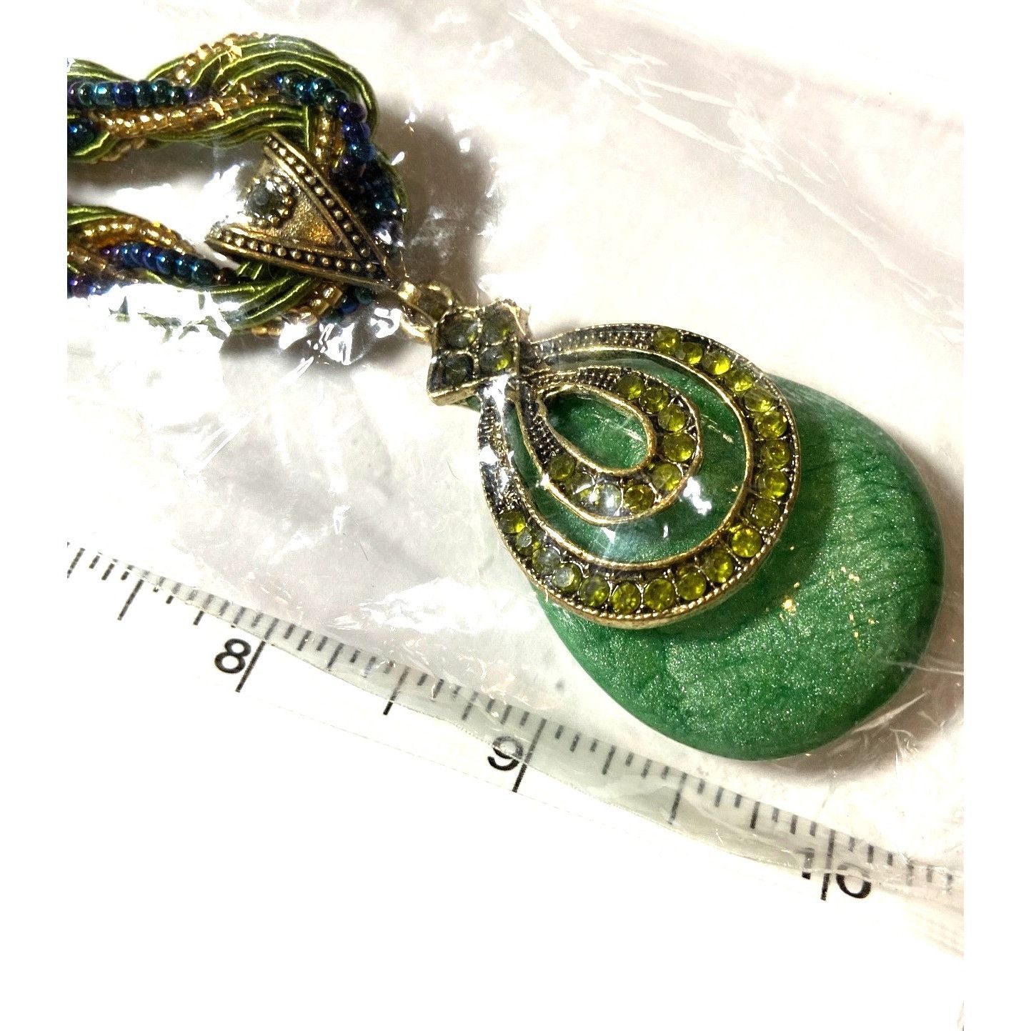 Other Bohemian Braid Necklace Green Resin Pendant 16" Blue & Gold Size ONE SIZE - 4 Thumbnail
