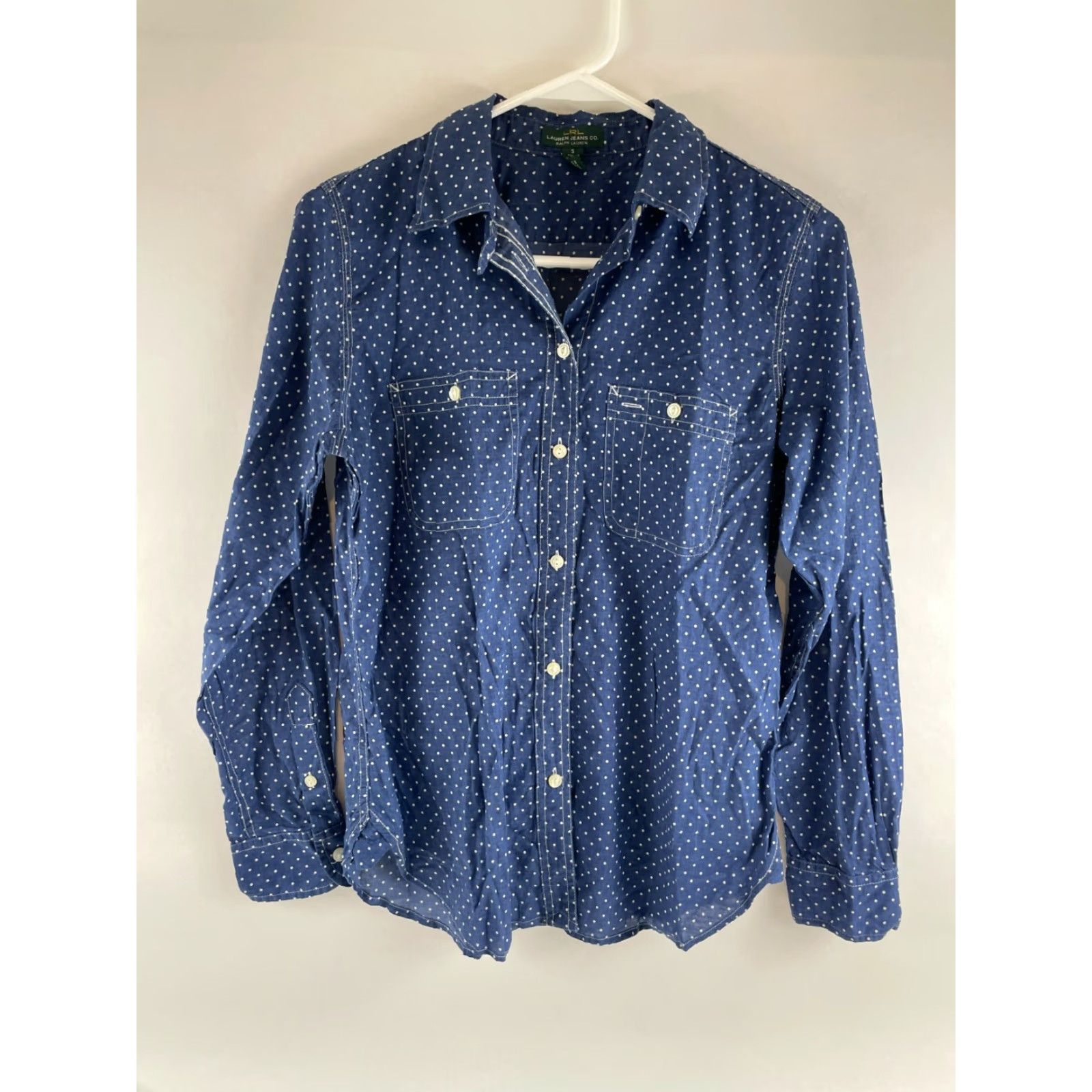 Vintage Lauren Jeans Co. Shirt Women’s S Blue White Polka Dots Patch Pocket Button Up Size S / US 4 / IT 40 - 2 Thumbnail