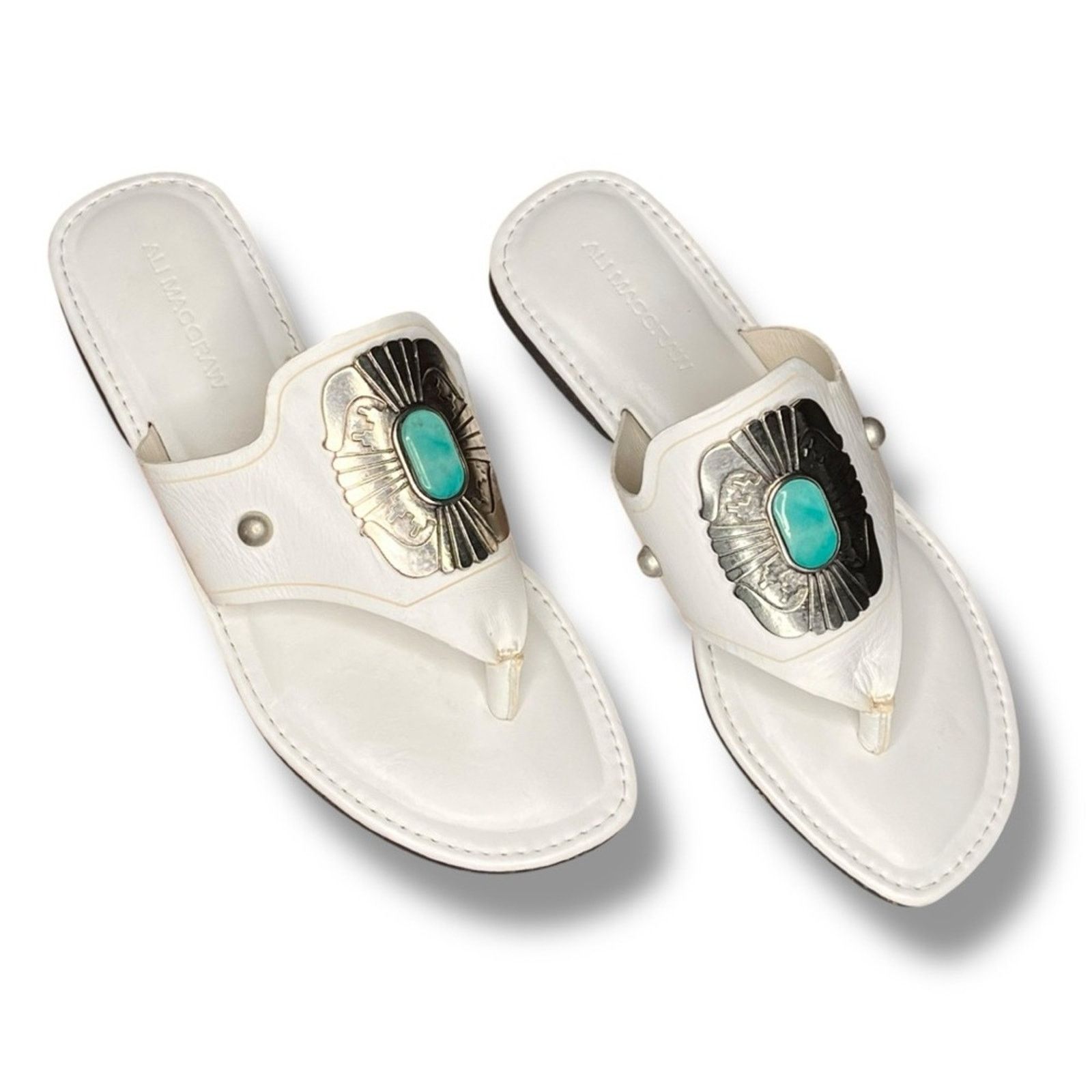 Other Ali McGraw white turquoise/silver medallion leather sandal Size US 6.5 / IT 36.5 - 3 Thumbnail