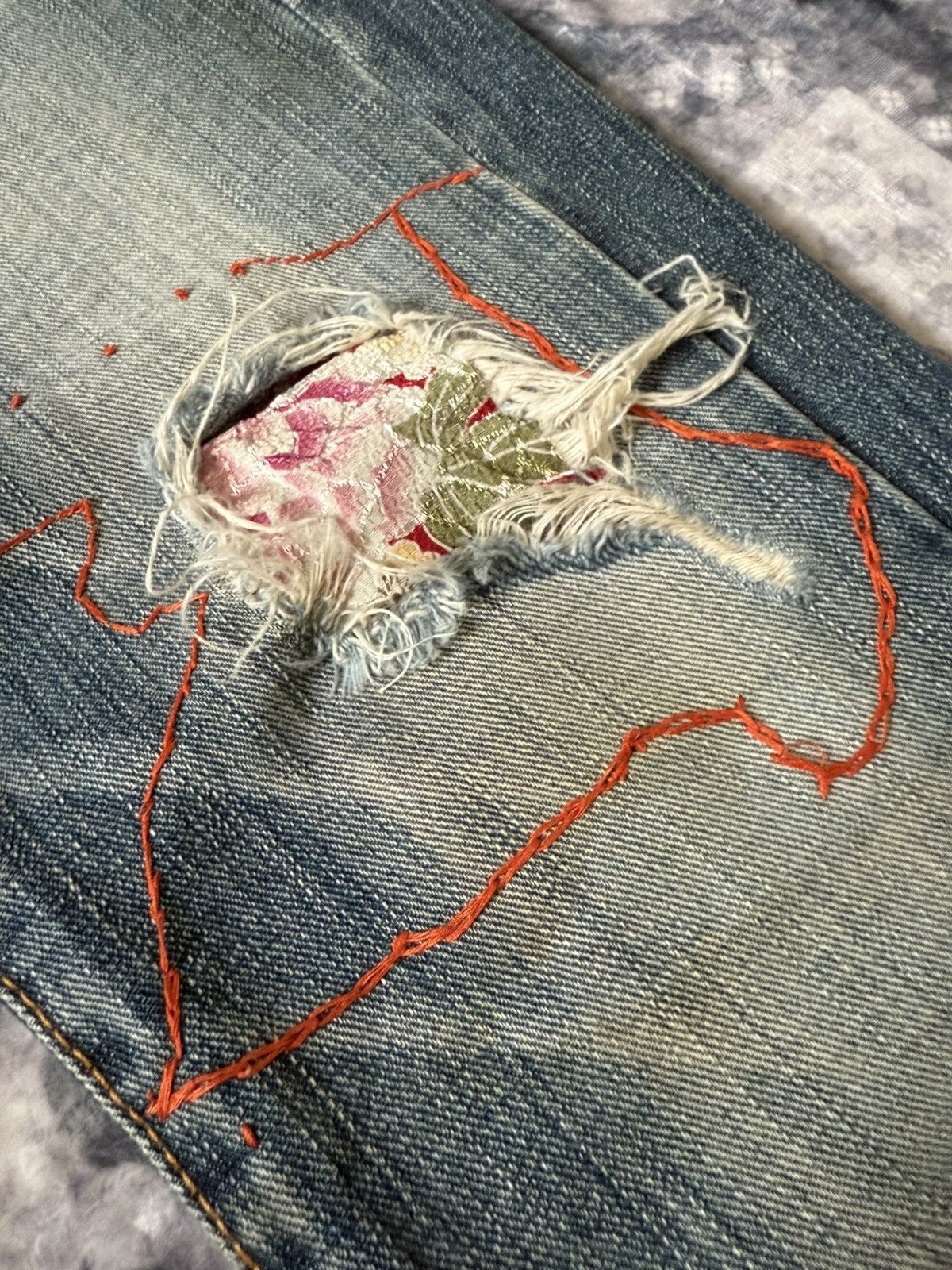 Hysteric Glamour Lucy Pearl Patch Work Leather Trimmed Shashiko Flared Jeans Size US 27 - 10 Thumbnail
