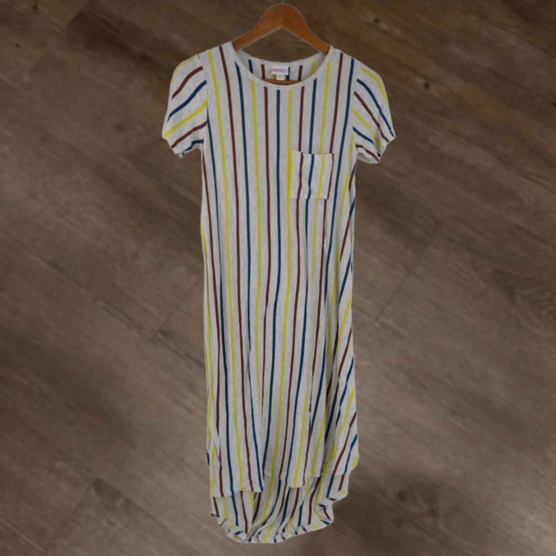 Vintage LuLaRoe Women's Carly Dress XXS Gray Blue Yellow Unicorn High Low 2XS Stripes Size XXS / US 00 / IT 34 - 1 Thumbnail