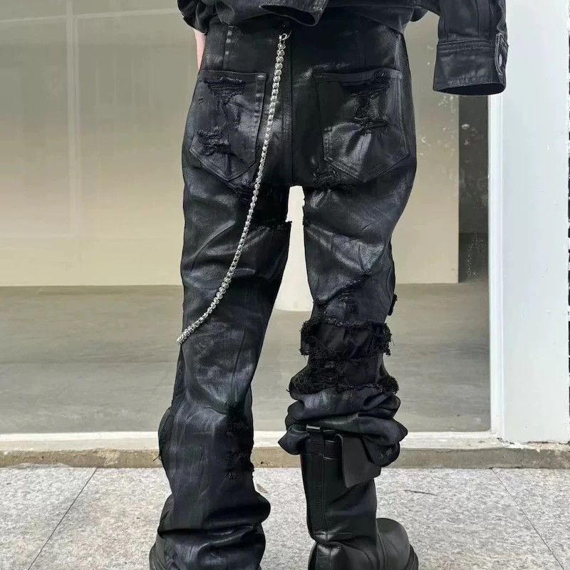 Japanese Brand × Jean High Street Ripped Damaged Coatted Wax Baggy Flare Size US 34 / EU 50 - 3 Thumbnail