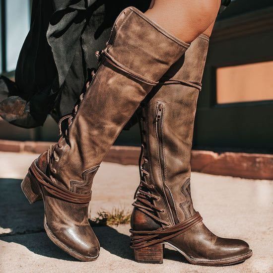 FREEBIRD Taupe Brown Leather Coal Lace Up Knee High Boots