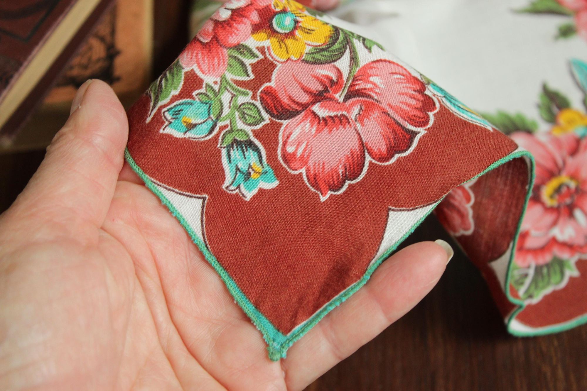 Vintage Vintage Handkerchief, Brown and Teal Wildflower Floral Print Size ONE SIZE - 6 Thumbnail