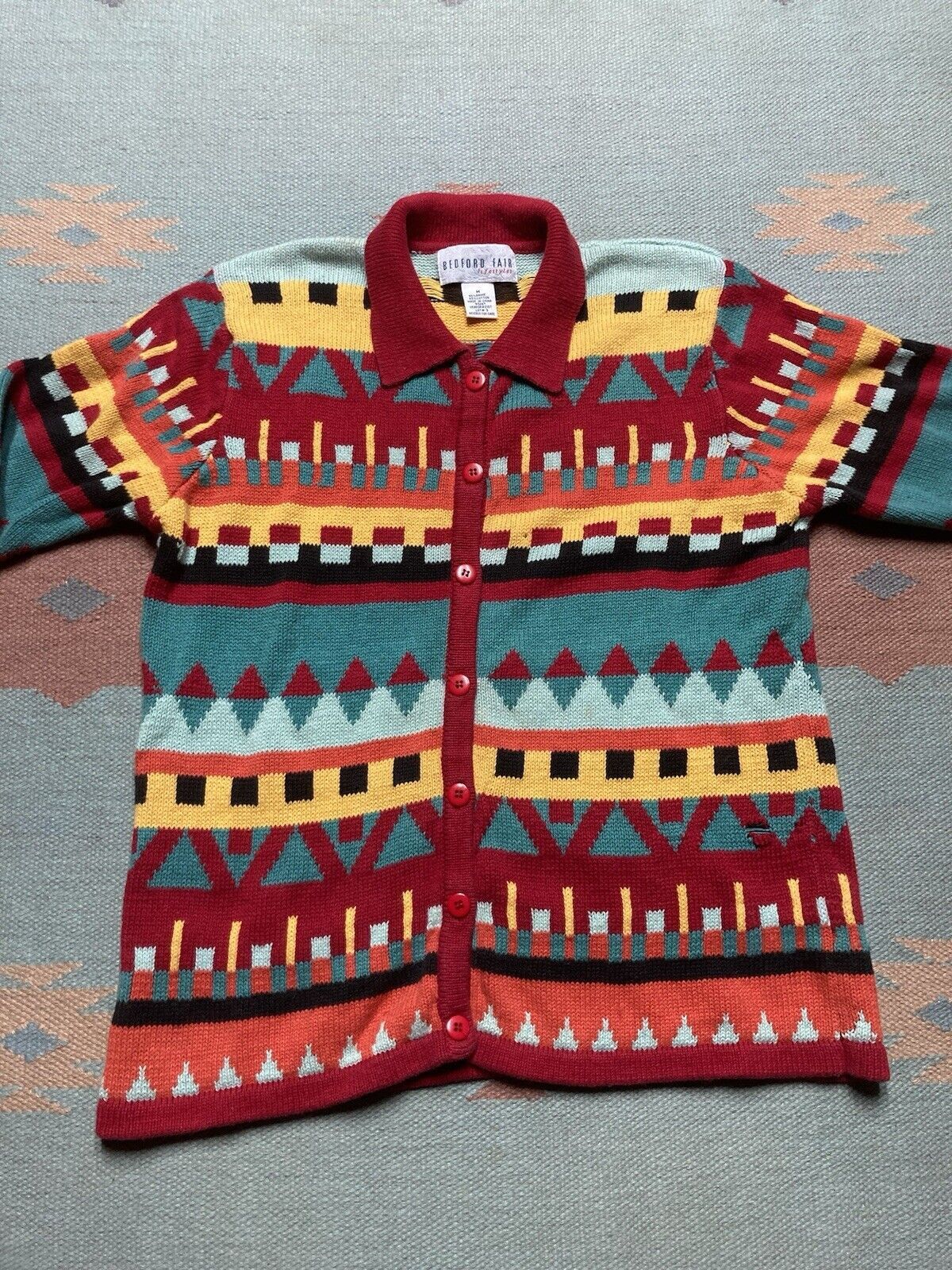 Vintage VTG knit cardigan button sweater ramie geometric diamonds M Size M / US 6-8 / IT 42-44 - 2 Thumbnail