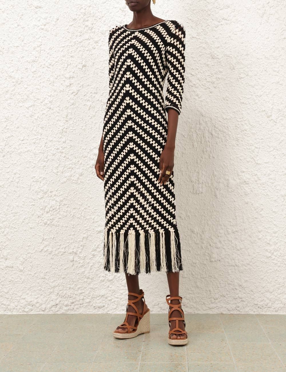 Zimmermann oc11z0525 Halliday Hand Crochet Midi Dress in Ivory & Black Size L / US 10 / IT 46 - 2 Thumbnail