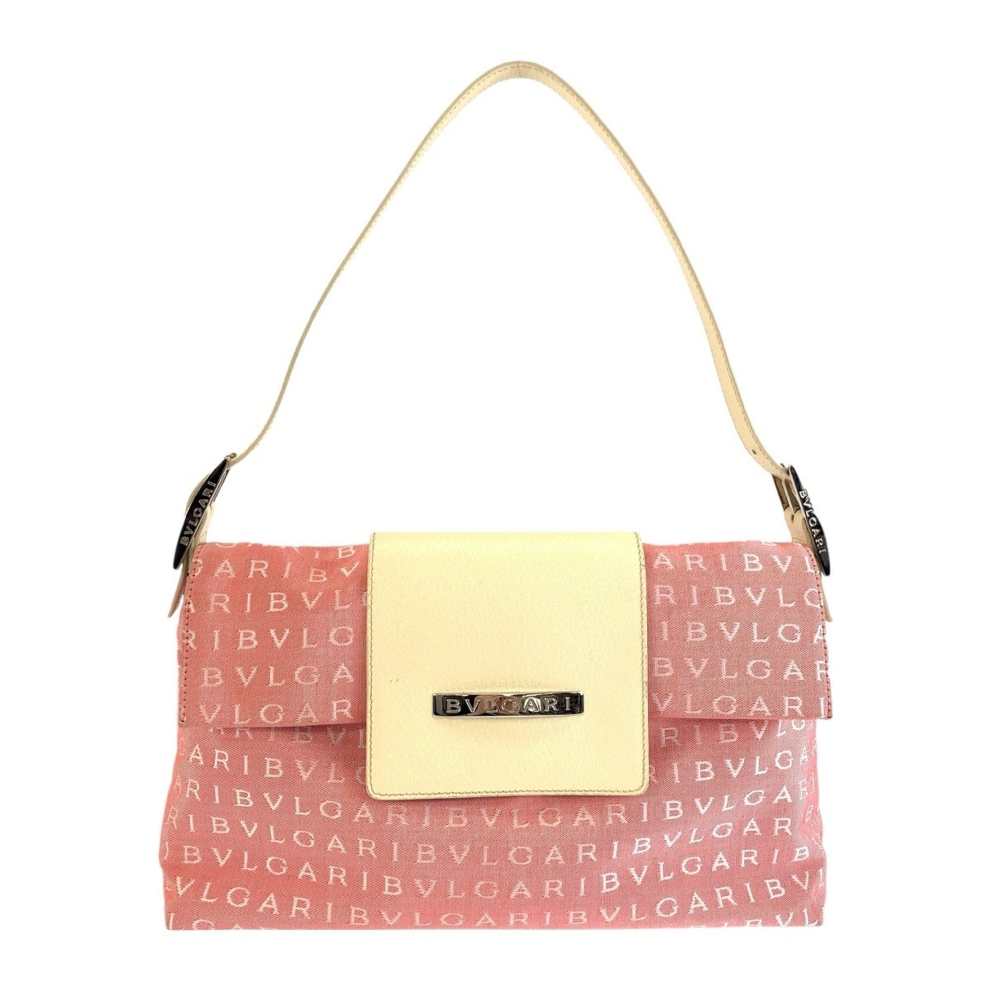 Bvlgari BVLGARI Logomania Pink Cream Silver Hardware Canvas Leather Shoulder Bag Handbag for Women Size ONE SIZE - 1 Thumbnail