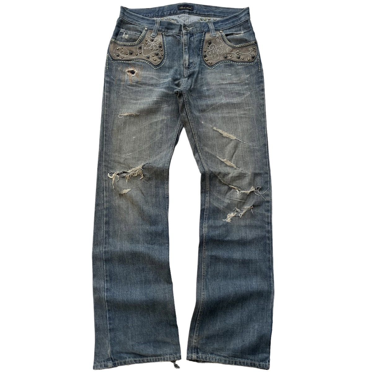 image of If Six Was Nine x Yasuyuki Ishii Japan Brand Beach Sound Studded Gem Distressed Flared Jeans in Mud