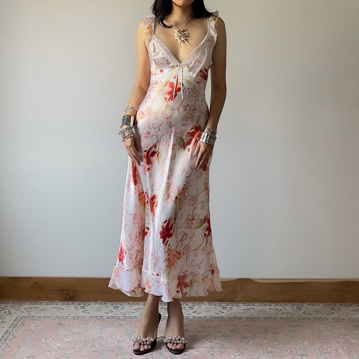 Other Romantic White Floral Satin Maxi Slip Dress (L) Size L / US 10 / IT 46 - 7 Thumbnail