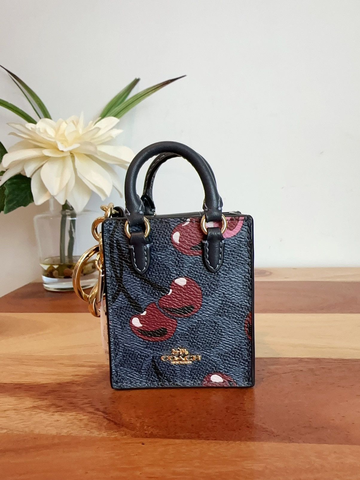 NWT Coach North /south Mini Tote Bag Charm With Cherry Print, Women's