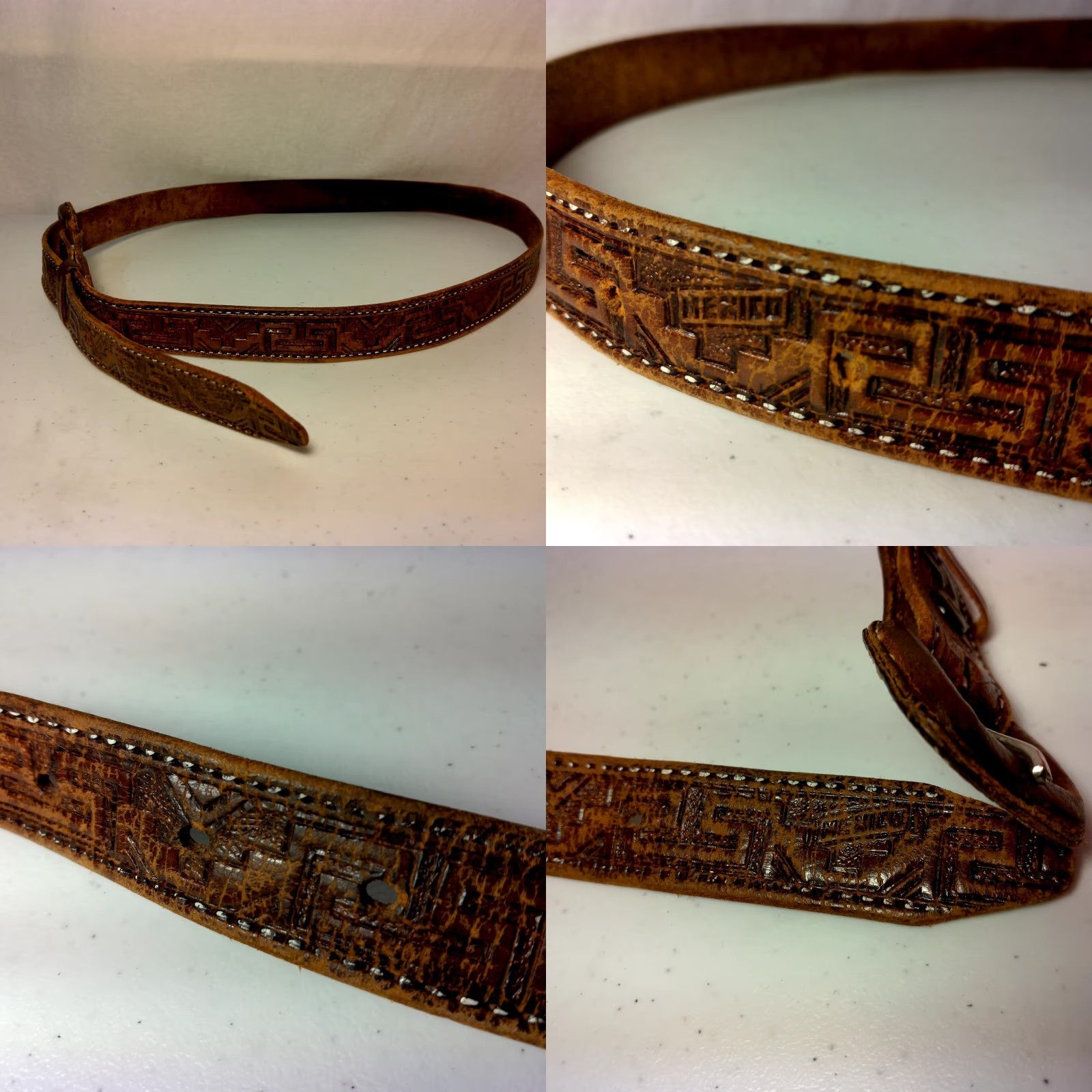 Vintage Vintage Hand Tooled Leather Belt Women Mexico Aztec Tribal Brown Distressed 1" Size ONE SIZE - 8 Thumbnail