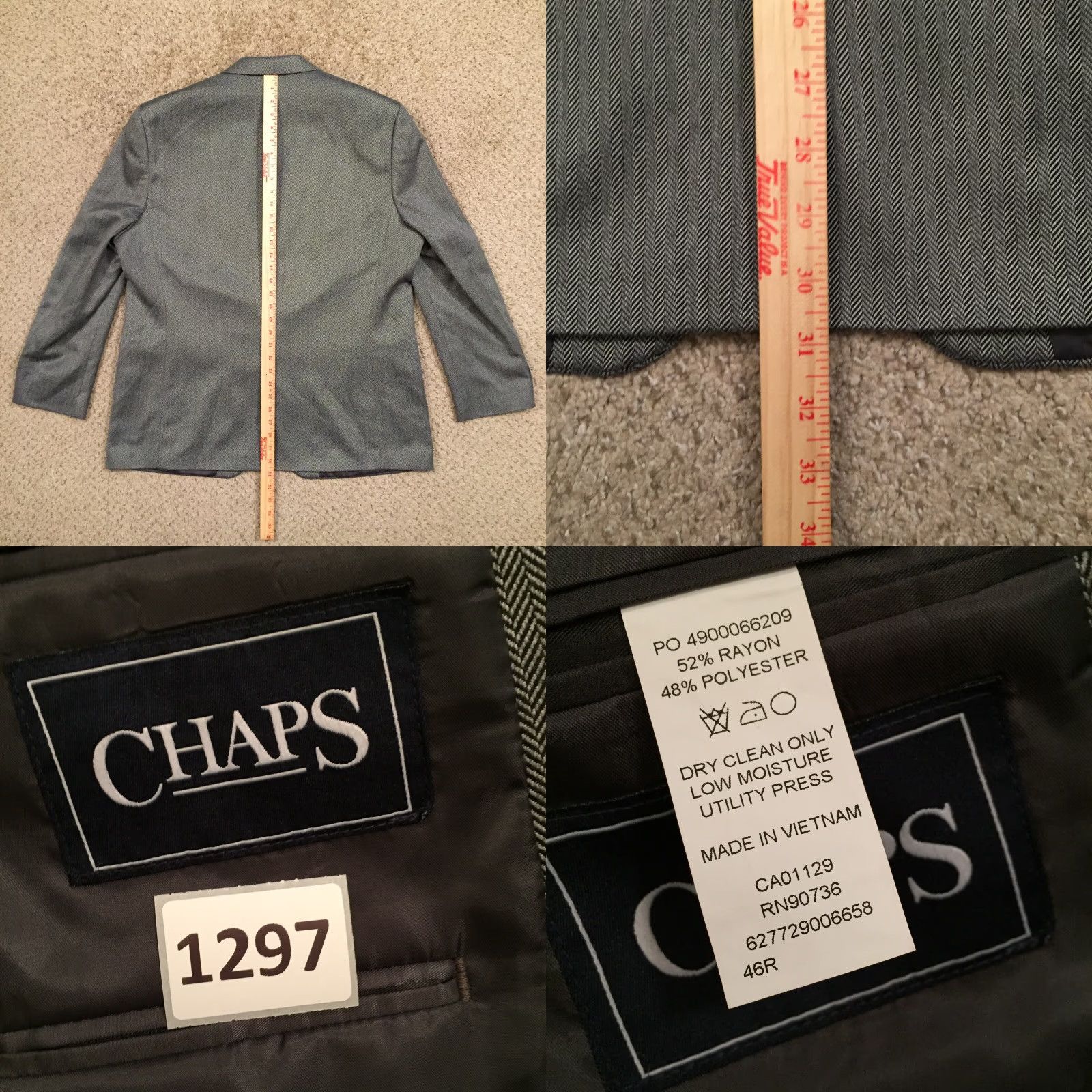 Chaps Chaps Blazer Mens 46 Gray Herringbone Rayon Polyester Blend Single Vent Jacket Coat 2 Piece Notch Lapel Two-Button Front Regular Mens Size 46R - 8 Thumbnail