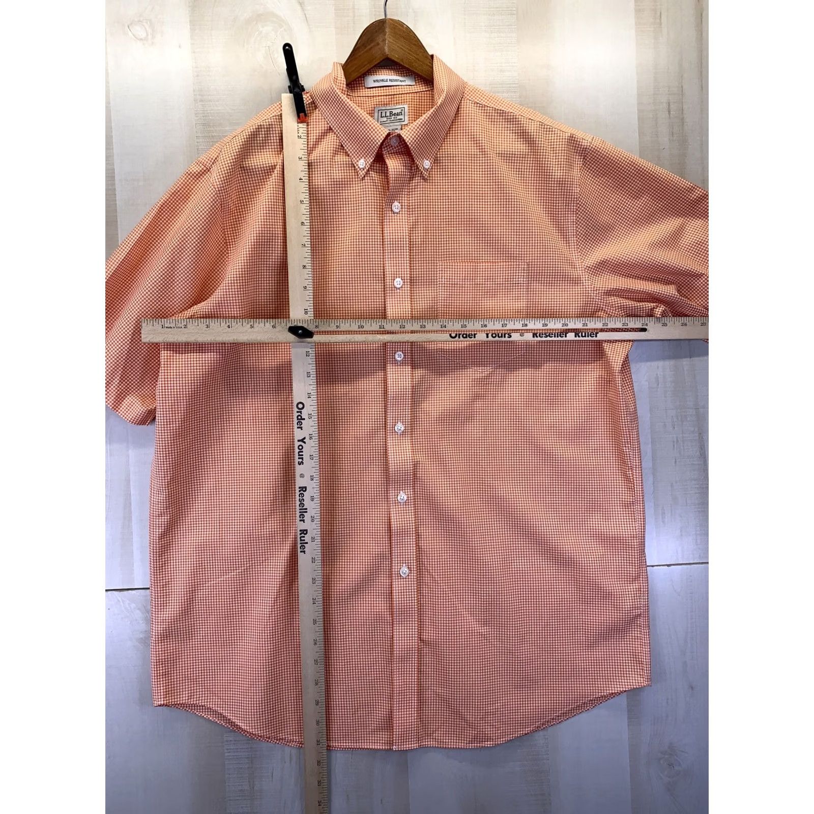 Vintage LL Bean Mens L Wrinkle Resistant Orange Gingham Button-Down Short Sleeve EUC Shirt Size US 33 - 3 Thumbnail