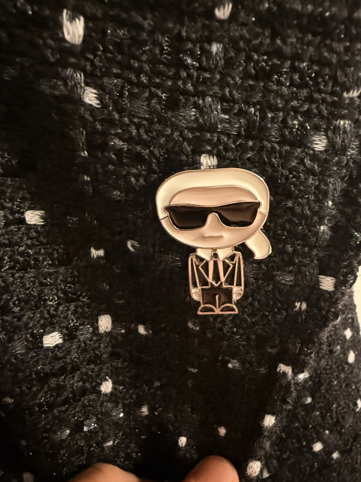 Karl Lagerfeld KARL LAGERFELD Logo Enamel Pin Tweed Moto Jacket In Black Size L / US 10 / IT 46 - 8 Thumbnail