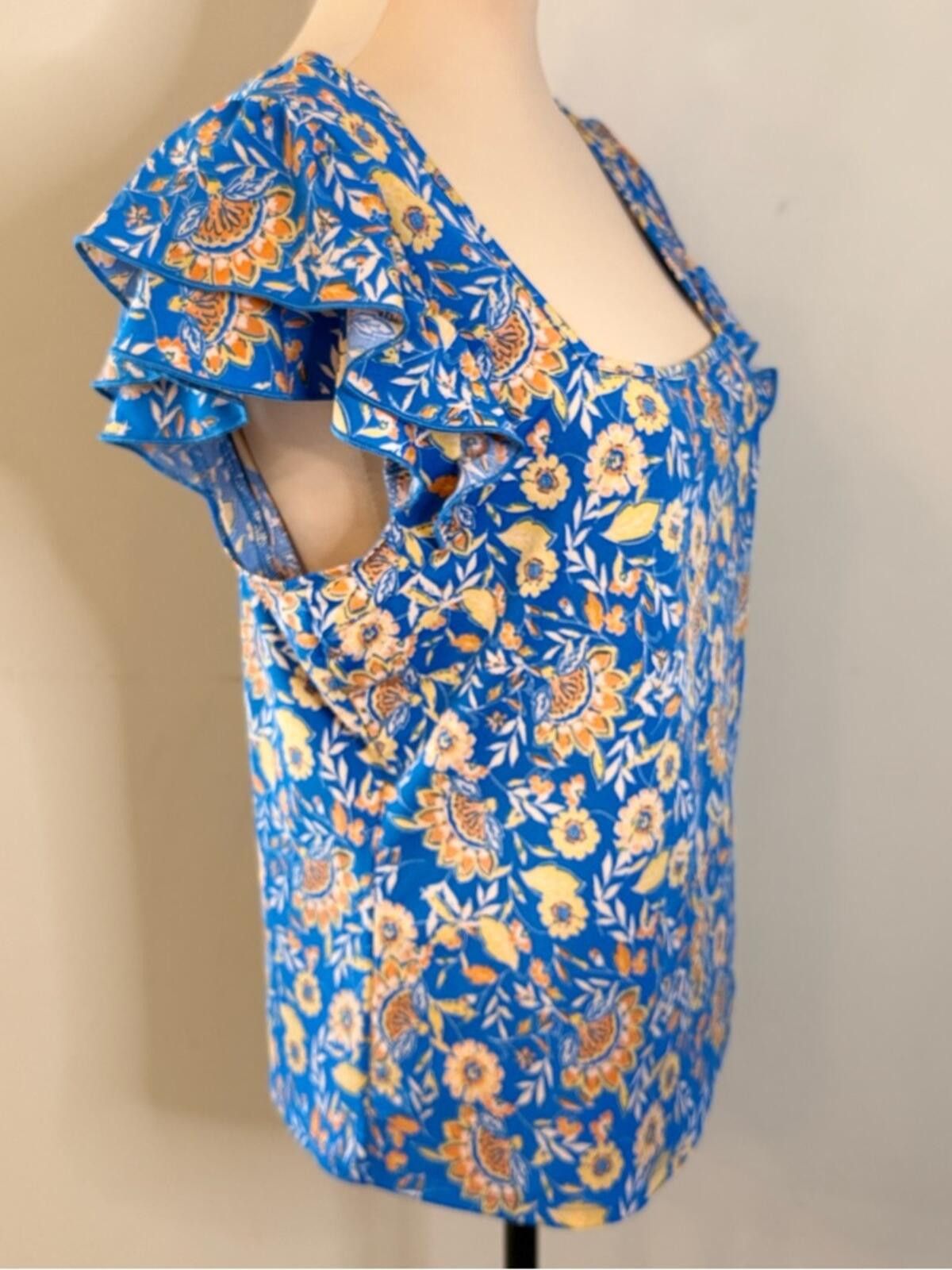 L'Eclaireur Eclair blue & yellow floral top short ruffled sleeves SZ LG Size L / US 10 / IT 46 - 2 Thumbnail
