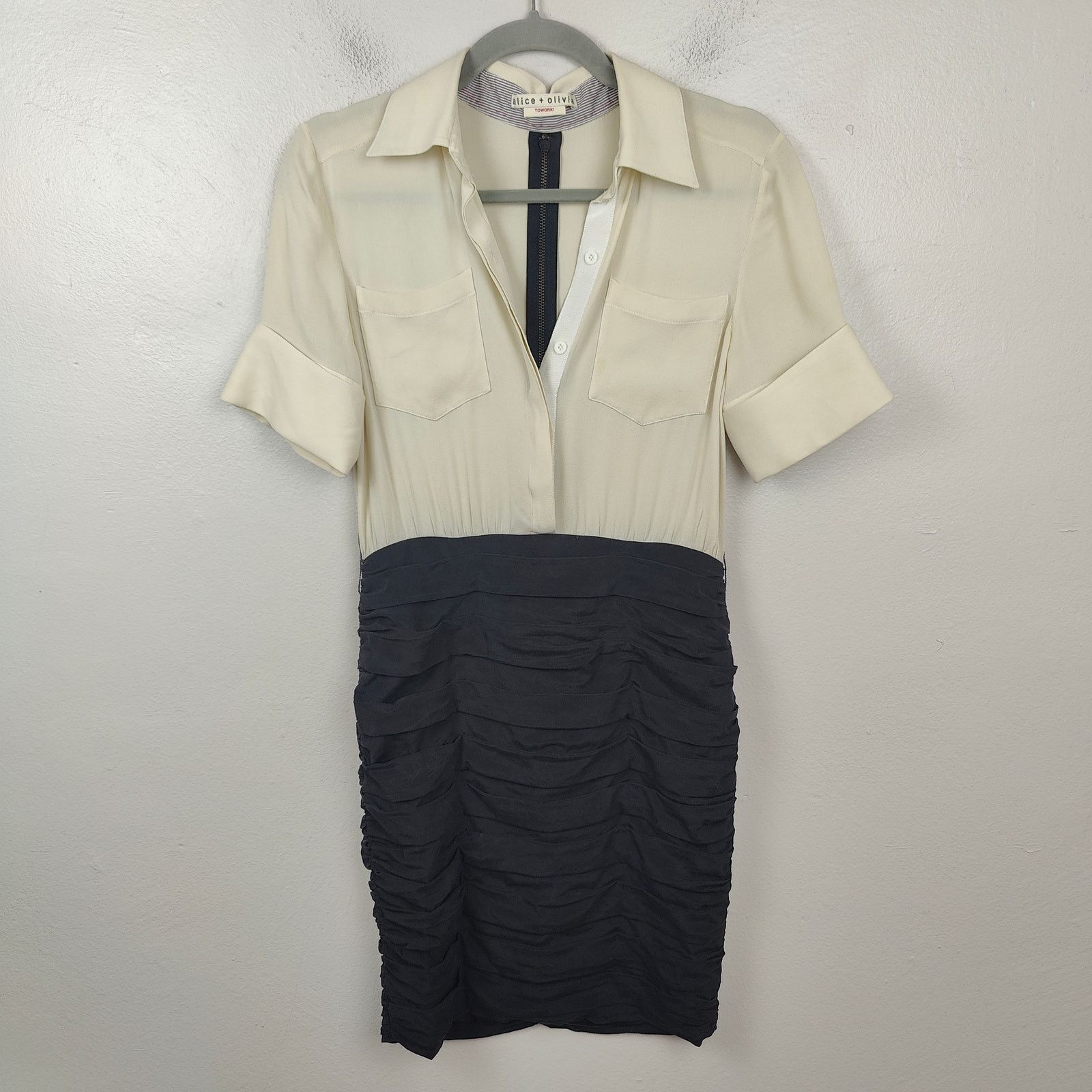 Alice + Olivia Alice + Olivia Silk Dress Womens Medium Cream Black Ruched Size M / US 6-8 / IT 42-44 - 1 Thumbnail