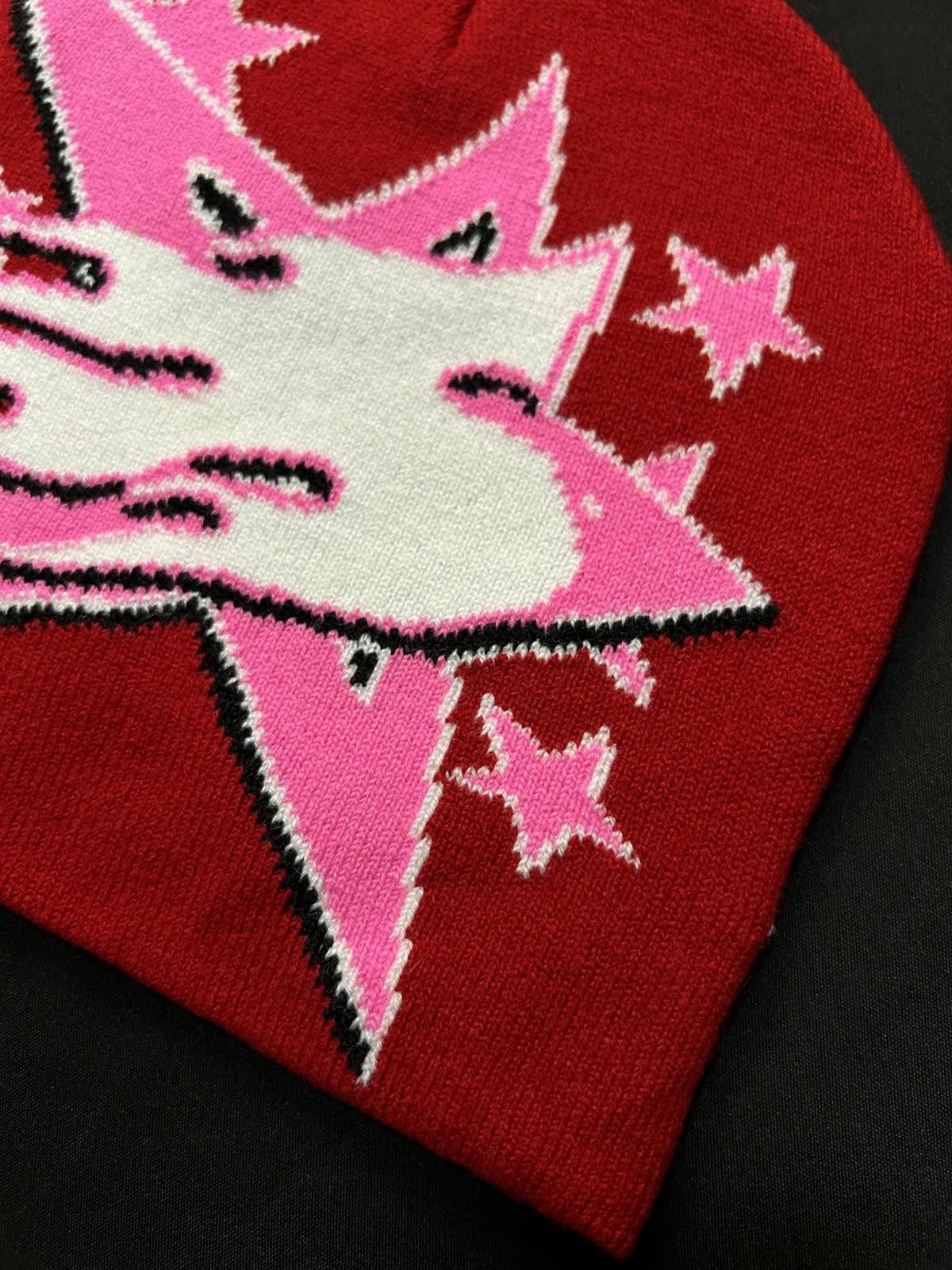 Japanese Brand Rare Pink Star Graphic No Cuff Knit Cap Beanie Red Hat OS Size ONE SIZE - 2 Thumbnail