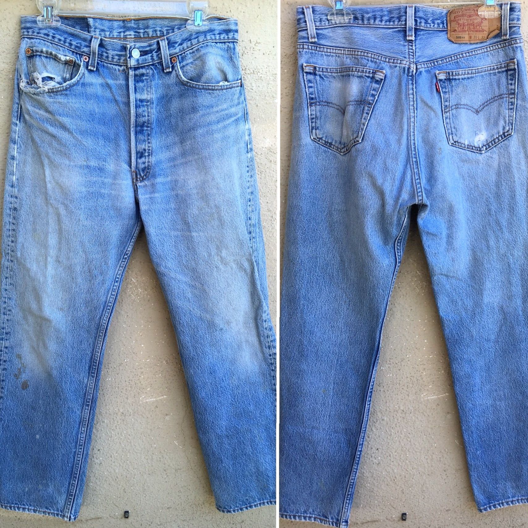 Vintage VINTAGE Levi’s 501 Jeans Button Fly 35 33 Measure 31.5 x 29.25 Distressed Blue Denim Made in USA Mens/Womens Jeans 501xx Size US 30 / EU 46 - 6 Thumbnail