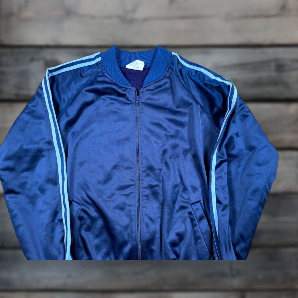 Vintage VTG 70s Track Jacket Adult XL Dark Blue Striped Sleeves Full Zip Pockets Polyester Winmark Tag Men Jacket Size US XL / EU 56 / 4 - 1 Thumbnail