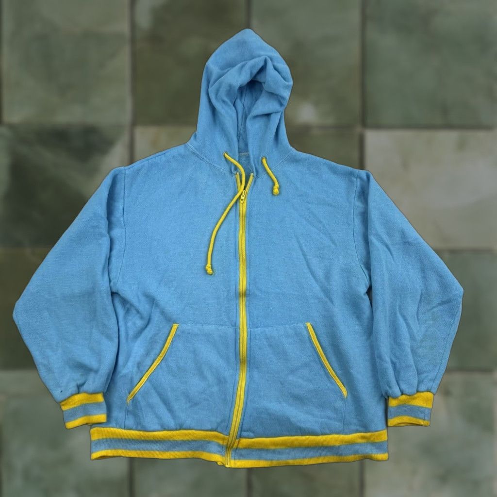 VINTAGE Hoodie Adult M Blue Yellow Talon Zipper Full Zip 70s True Vtg Mens