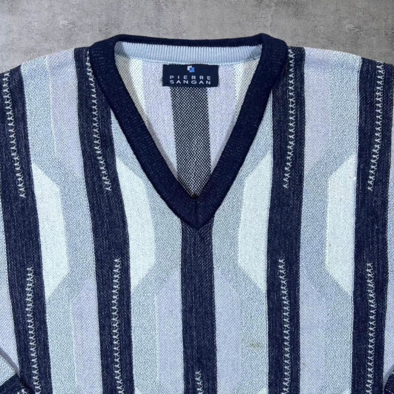 Vintage VINTAGE Pierre Sangan Grandad Patterned V-Neck Jumper Knit Wool Cotton Blend Navy Blue Large Mens Pullover Casual Size US L / EU 52-54 / 3 - 3 Thumbnail