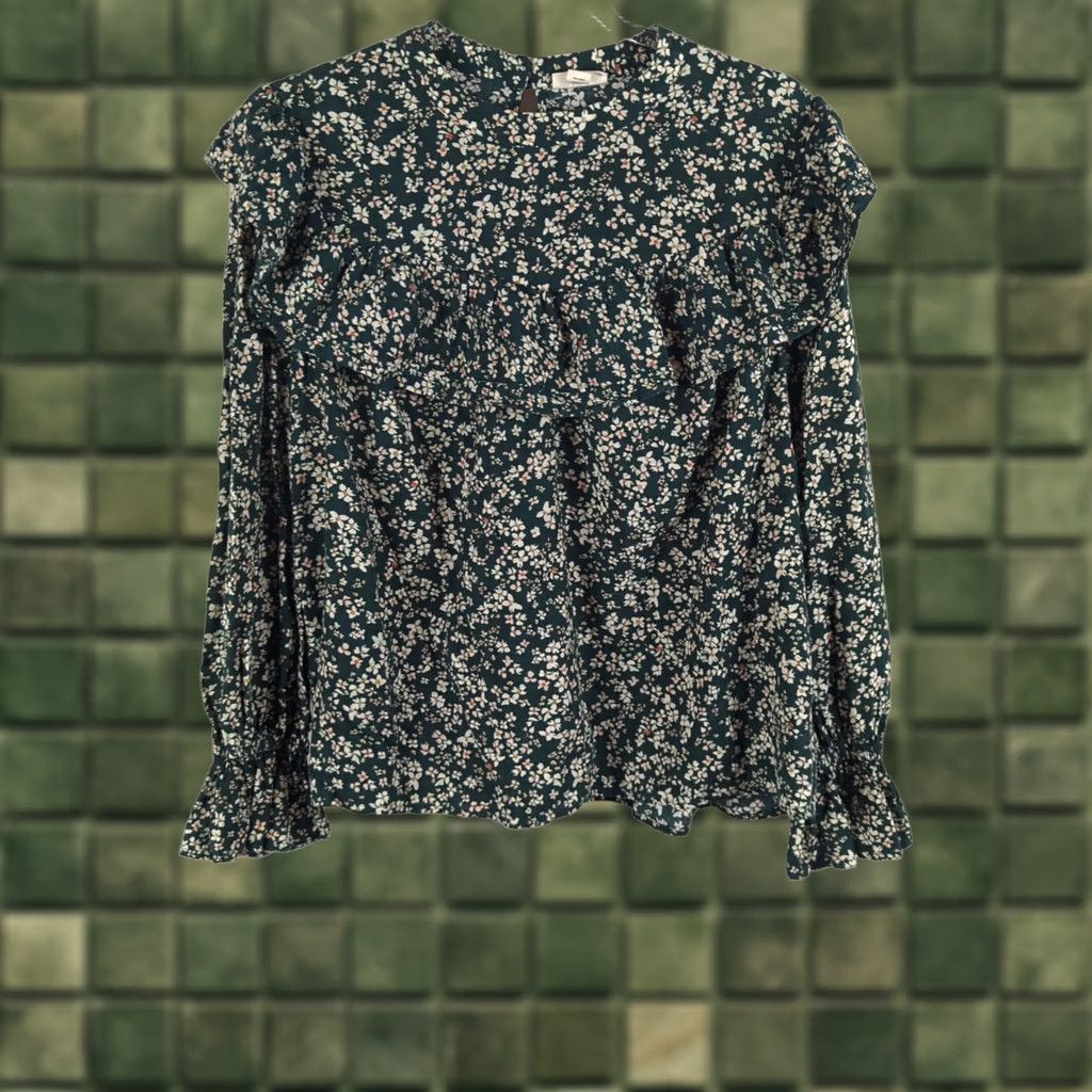 Vintage VINTAGE? No — Green Floral Ruffle Blouse Shirt 0X Long Sleeve Top Plus Size Women’s prairie Size XL / US 12-14 / IT 48-50 - 1 Thumbnail