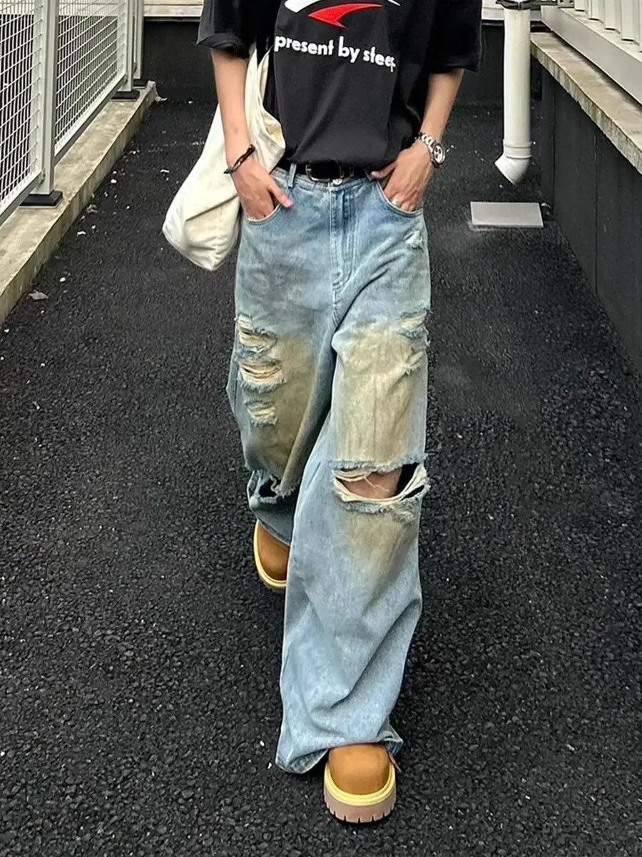 Japanese Brand Loose straight leg ripped jeans Size US 32 / EU 48 - 4 Thumbnail