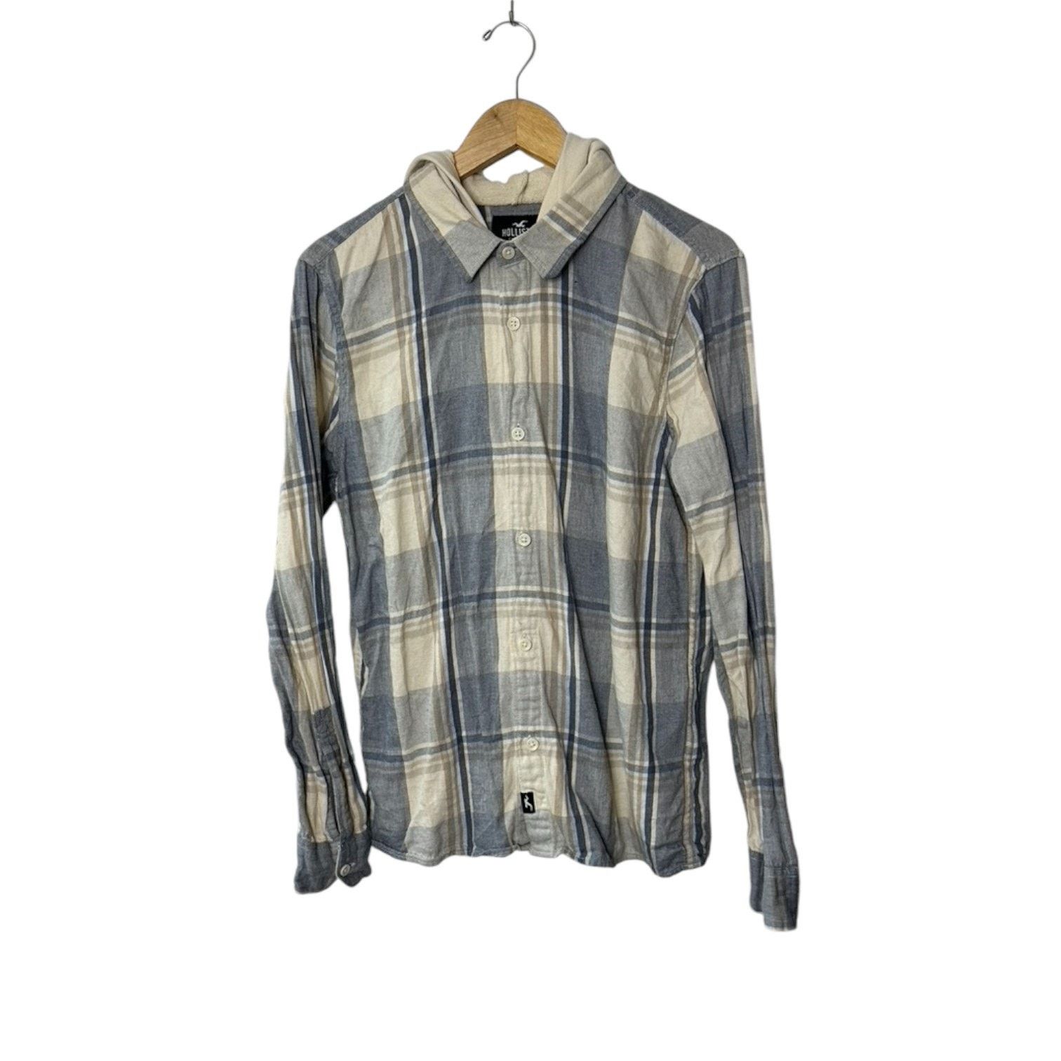 Hollister Hollister Blue & Ivory Plaid Hooded Button Up Shirt Men's M Size US M / EU 48-50 / 2 - 1 Thumbnail
