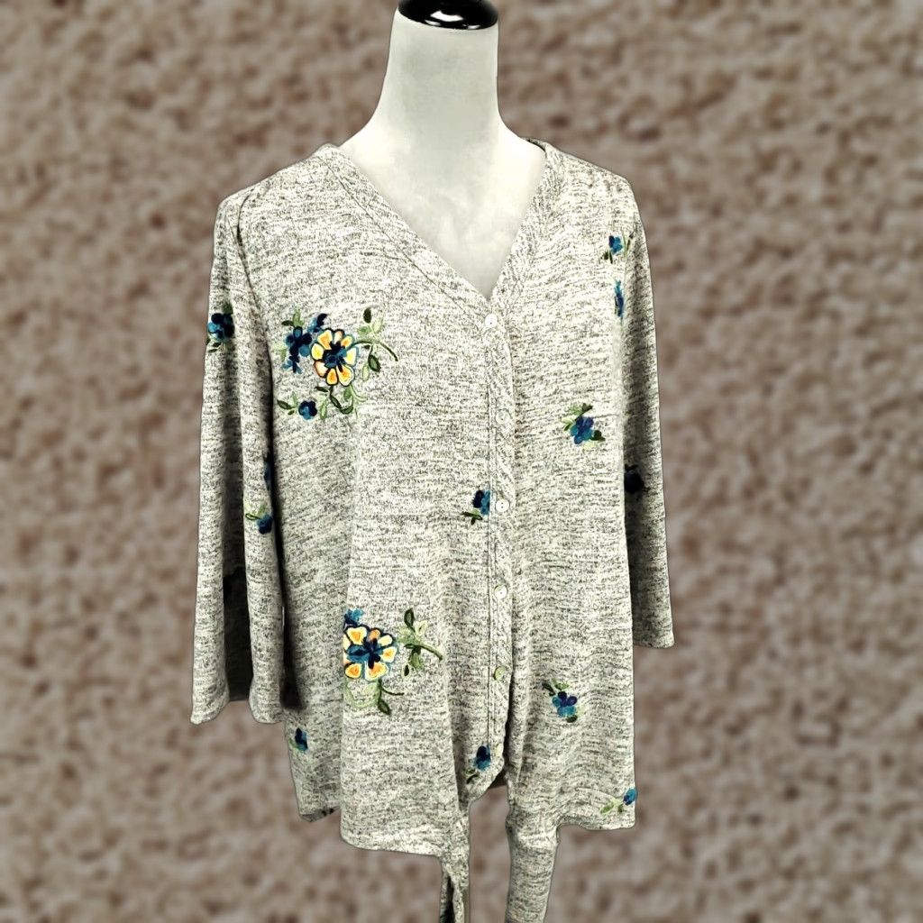 Anthropologie Cardigan 2X Gray Floral Heathered Anthropologie Button Front Tie Womens Size XXL / US 16-18 / IT 52-54 - 1 Thumbnail