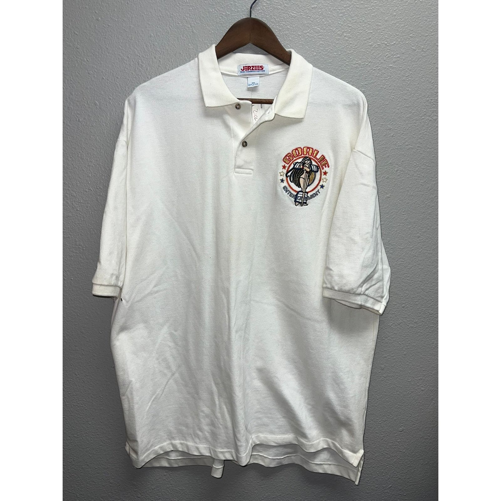 Jerzees Vintage Goalie Entertainment Polo Shirt White Top VTG 90s 2X Size US XXL / EU 58 / 5 - 1 Thumbnail