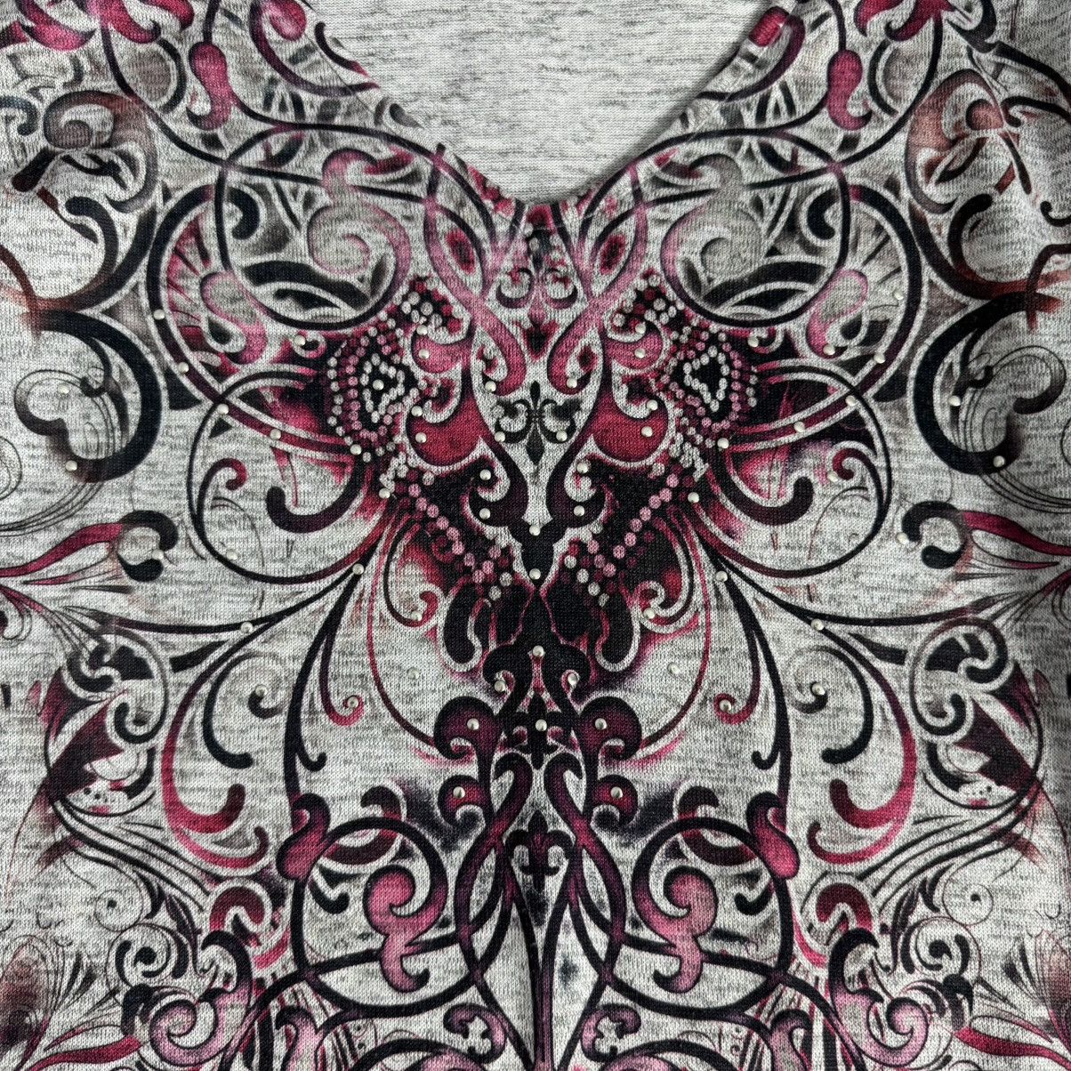 Avenue Cyber Y2K Pink & Grey Studded Fleur De Lys Longsleeve Top Size L / US 10 / IT 46 - 3 Thumbnail