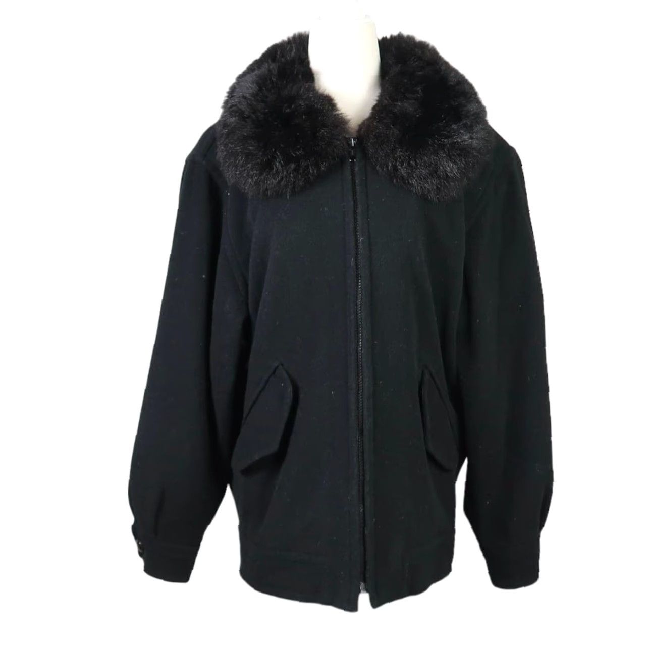 Vintage VINTAGE 80s black cashmere wool zip front jacket opossum fur collar Women Jacket 8 Size M / US 6-8 / IT 42-44 - 2 Thumbnail