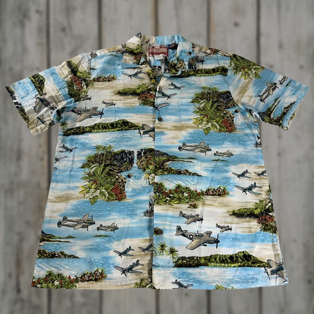 Vintage RJC Hawaiian Button Shirt World War II AOP Fighter Bomber Airplanes WW2 WWII Button-Up Short Sleeve Men's L Blue Cotton Shirt Size US L / EU 52-54 / 3 - 1 Thumbnail